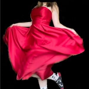 Elegant Betsy & Adam Strapless Ruby Red Satin Formal High Low Dress